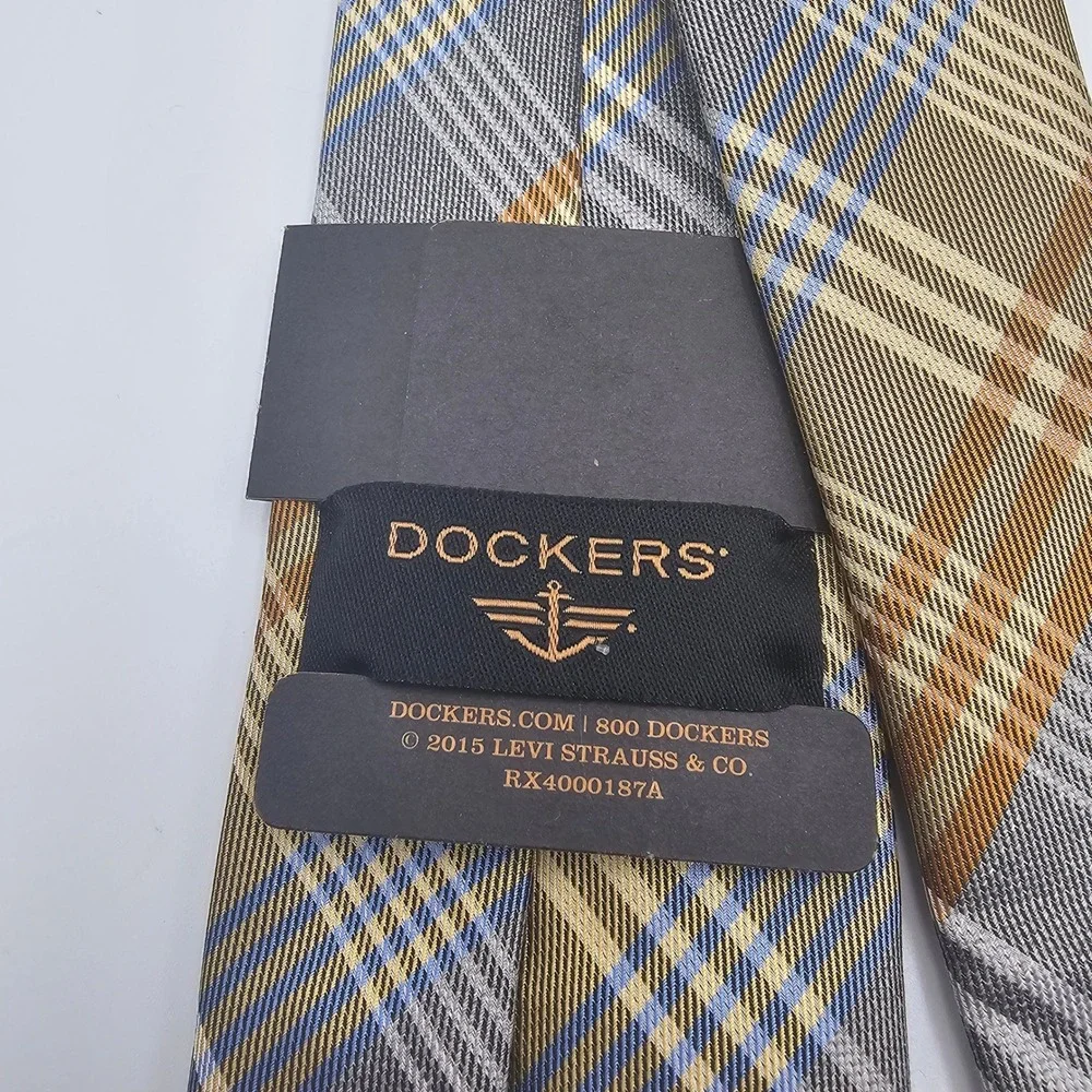 Dockers Slim Tie‎ Gold Gray Blue Plaid Tartan Silk Blend Hand Made Men's Necktie